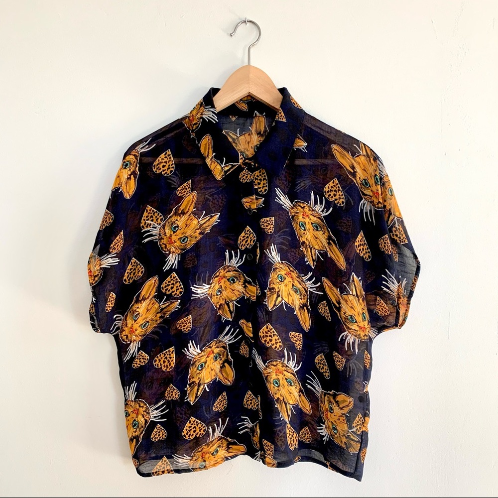 Cat Blouse Navy Short Sleeve Small Medium